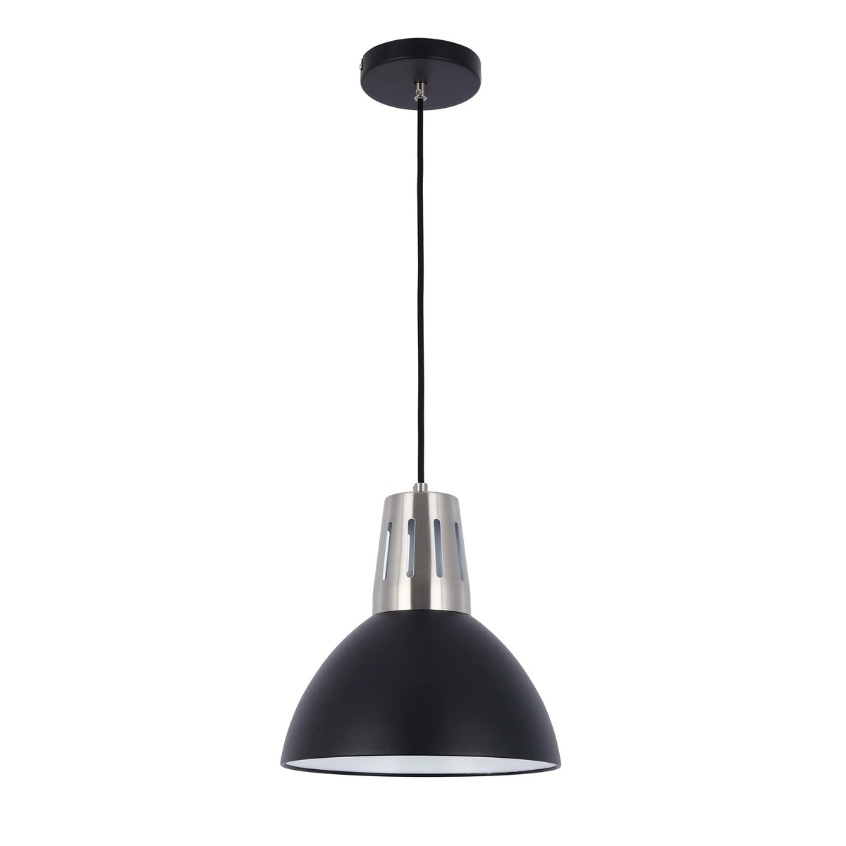 Black pendant light with silver shade trim and a dome shaped shade hanging on a black flex. Modern, minimalist, contemporary.
