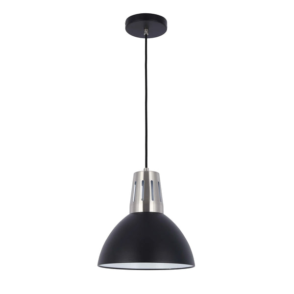 Black pendant light with silver shade trim and a dome shaped shade hanging on a black flex. Modern, minimalist, contemporary.