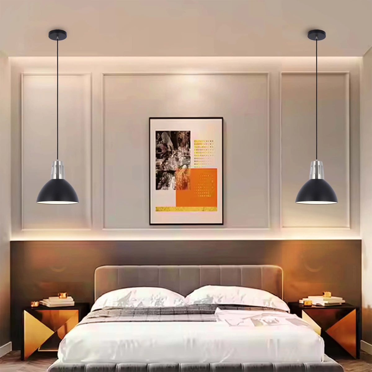 Bedroom with pendant lights. Modern black and silver fixtures hang over each bedside table, casting a soft glow.