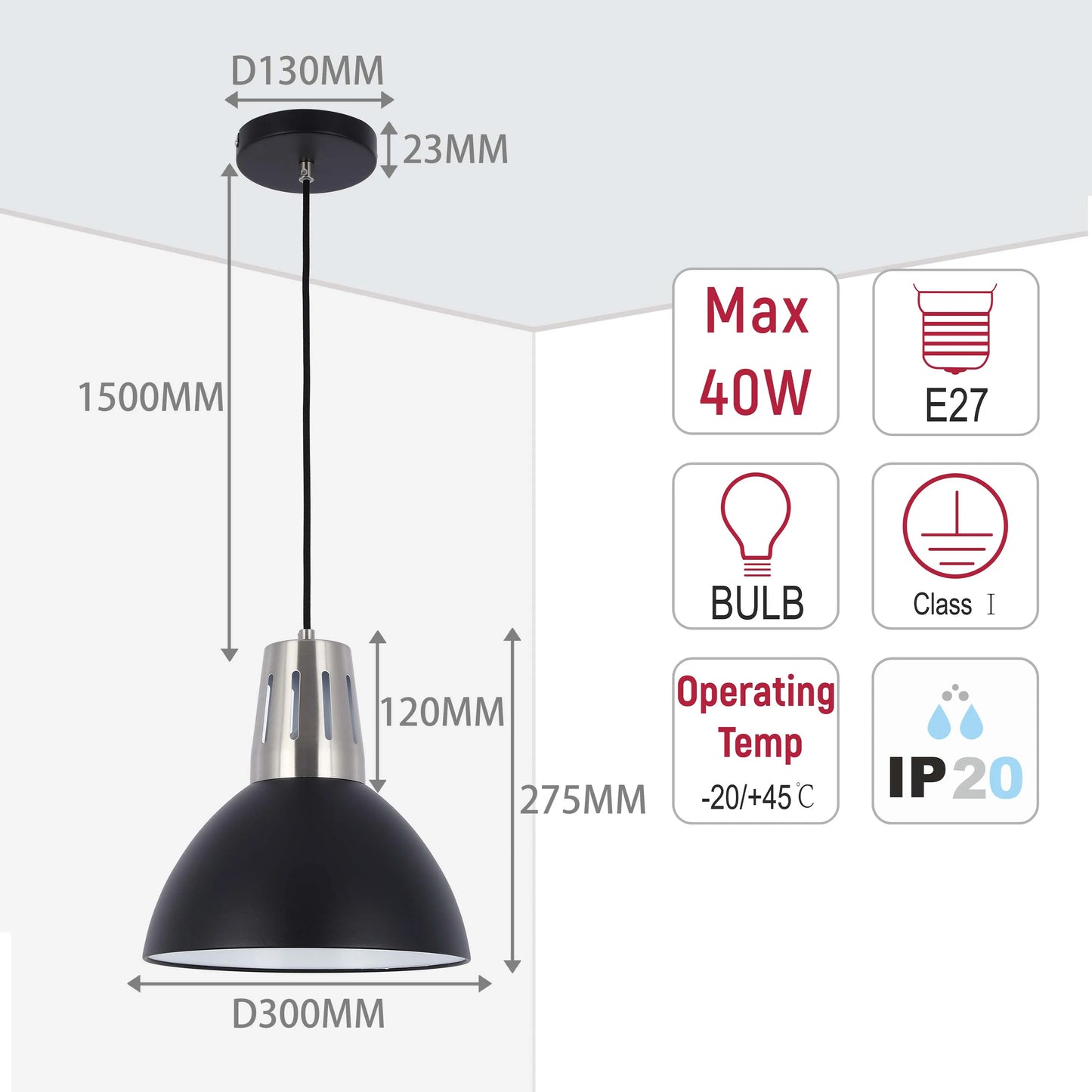 A pendant light with dimensions, bulb fitting, wattage, class & operating temp.  Hangs 1500mm and is 300mm wide. IP20 rated.