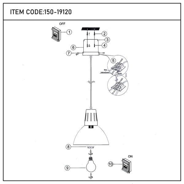 Diagram of a pendant light showing wiring, fixings, and a bulb being fitted. An on/off switch is also shown.