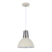 Contemporary pendant light with a cream dome shade and brushed steel detailing, suspended from a matching ceiling rose.