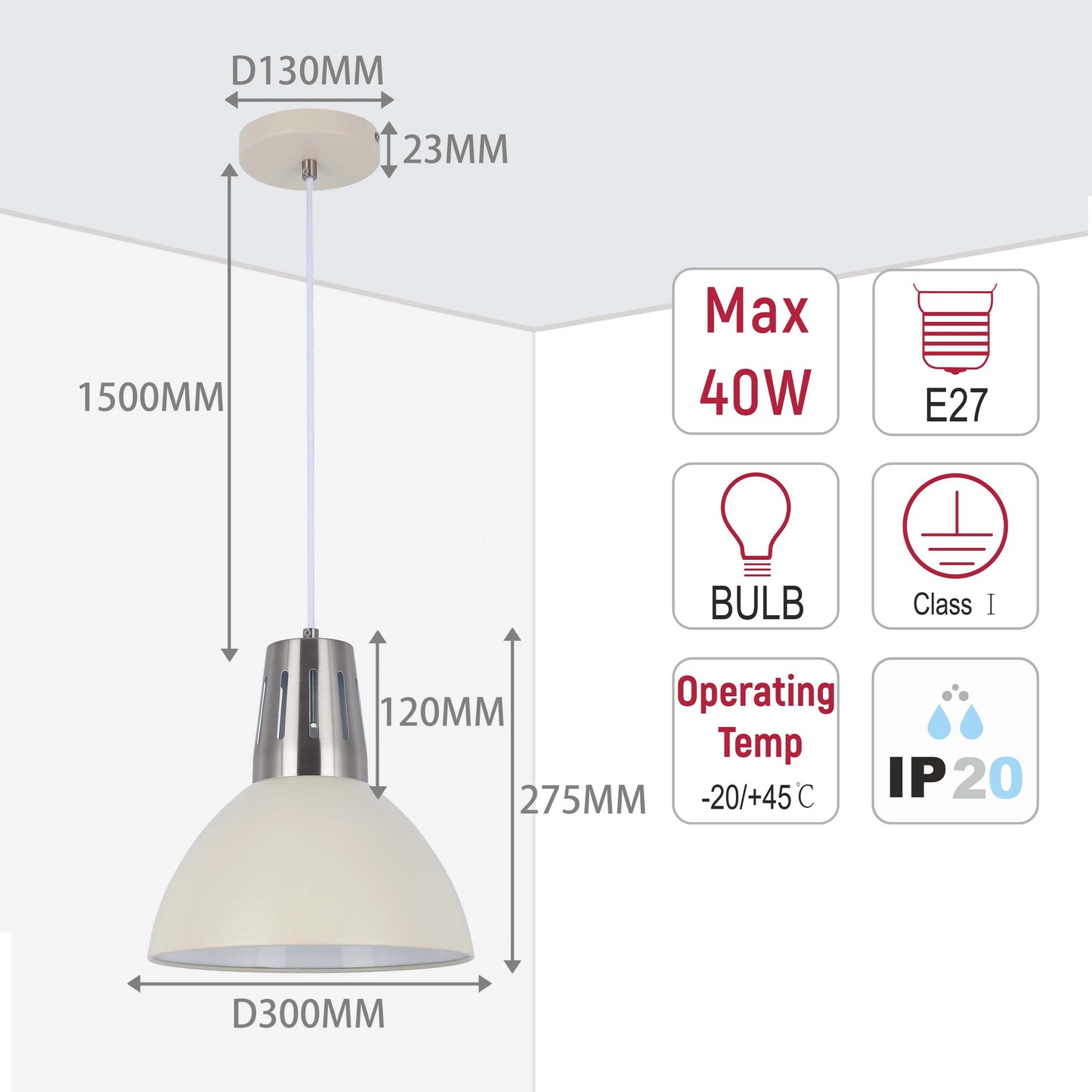 Cream pendant light dimensions: 1500mm drop, 300mm diameter. Max 40W, E27 bulb. Operating temp -20/+45°C, IP20 rated.
