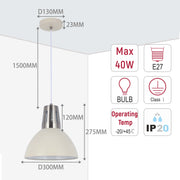 Cream pendant light dimensions: 1500mm drop, 300mm diameter. Max 40W, E27 bulb. Operating temp -20/+45°C, IP20 rated.
