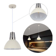 Off-white pendant light with brushed steel detail, hung in kitchen settings and close up.