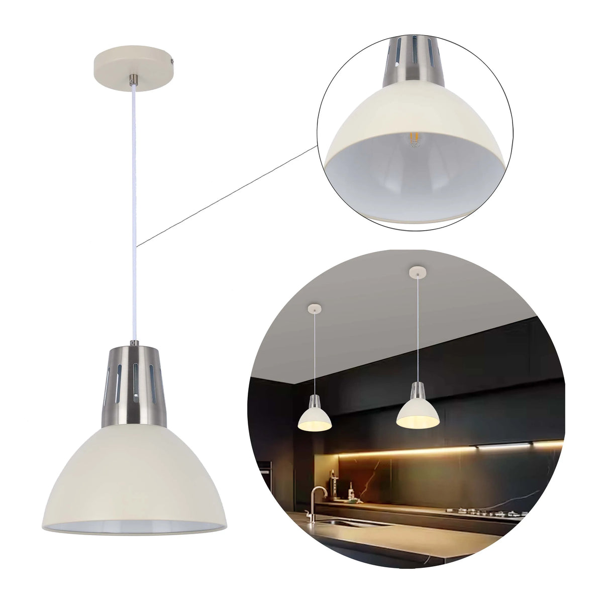 Off-white pendant light with brushed steel detail, hung in kitchen settings and close up.
