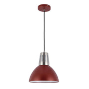 A stylish pendant light with a red dome shade and a silver top, suspended from a red ceiling rose by a black cable.
