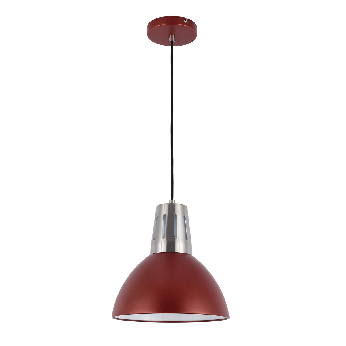 A stylish pendant light with a red dome shade and a silver top, suspended from a red ceiling rose by a black cable.