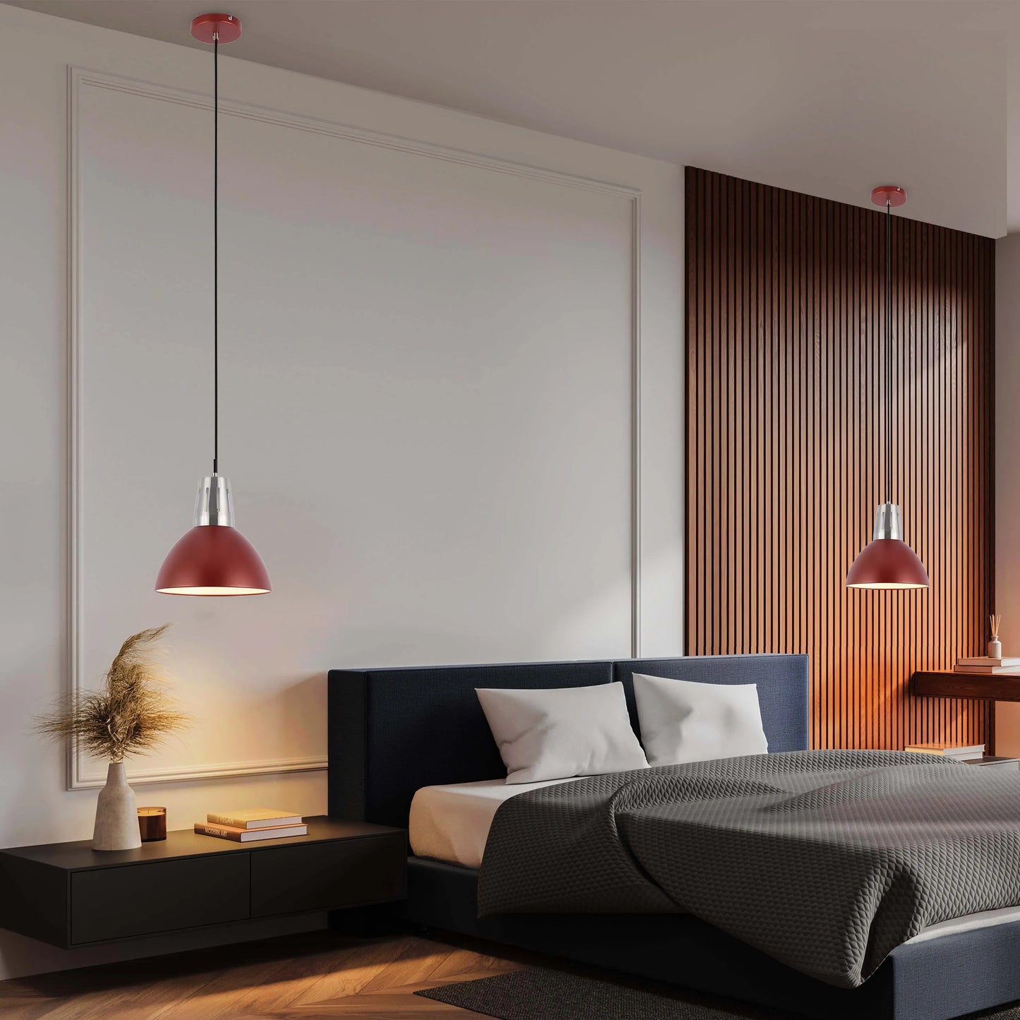 Bedroom lighting features red pendant lights above the bedside table and by the wooden panelled wall, creating a warm and modern ambience.