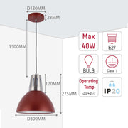 A stylish ceiling light with dimensions displayed. Features E27 bulb fitting, max 40W, Class I protection, and IP20 rating.