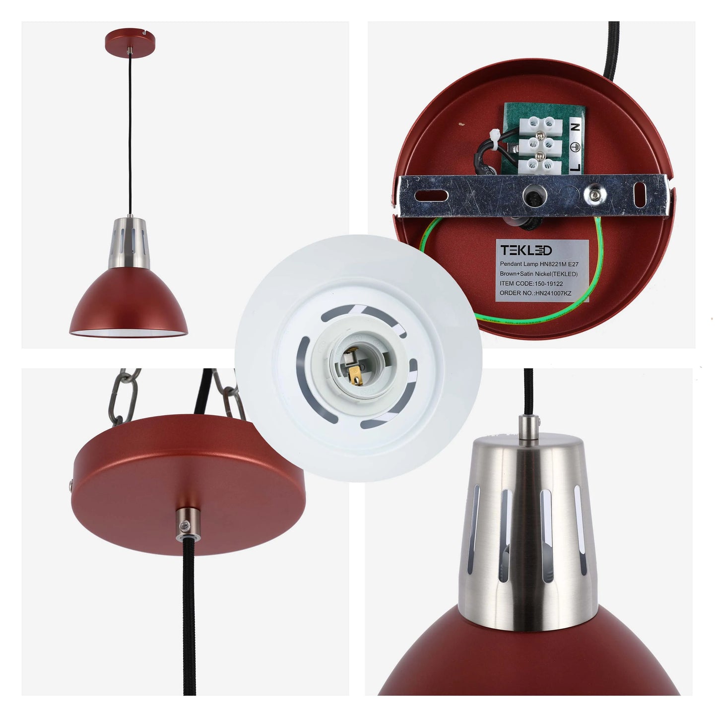 A brown and satin nickel pendant lamp with a black cord. The close-ups show the inner workings and lamp holder.