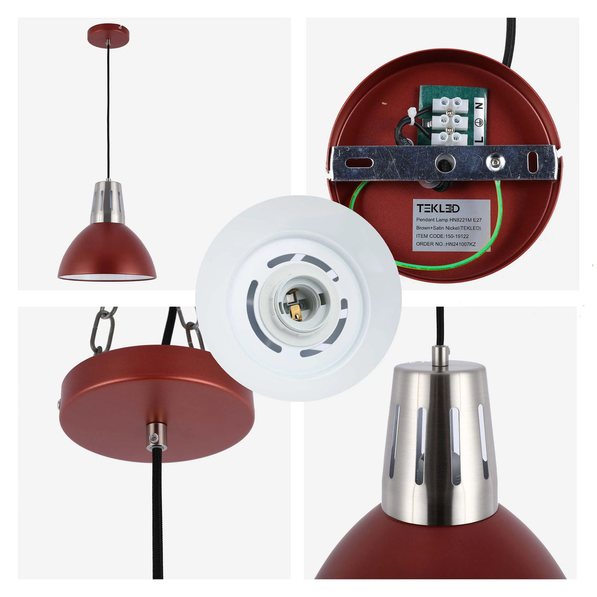 A brown and satin nickel pendant lamp with a black cord. The close-ups show the inner workings and lamp holder.
