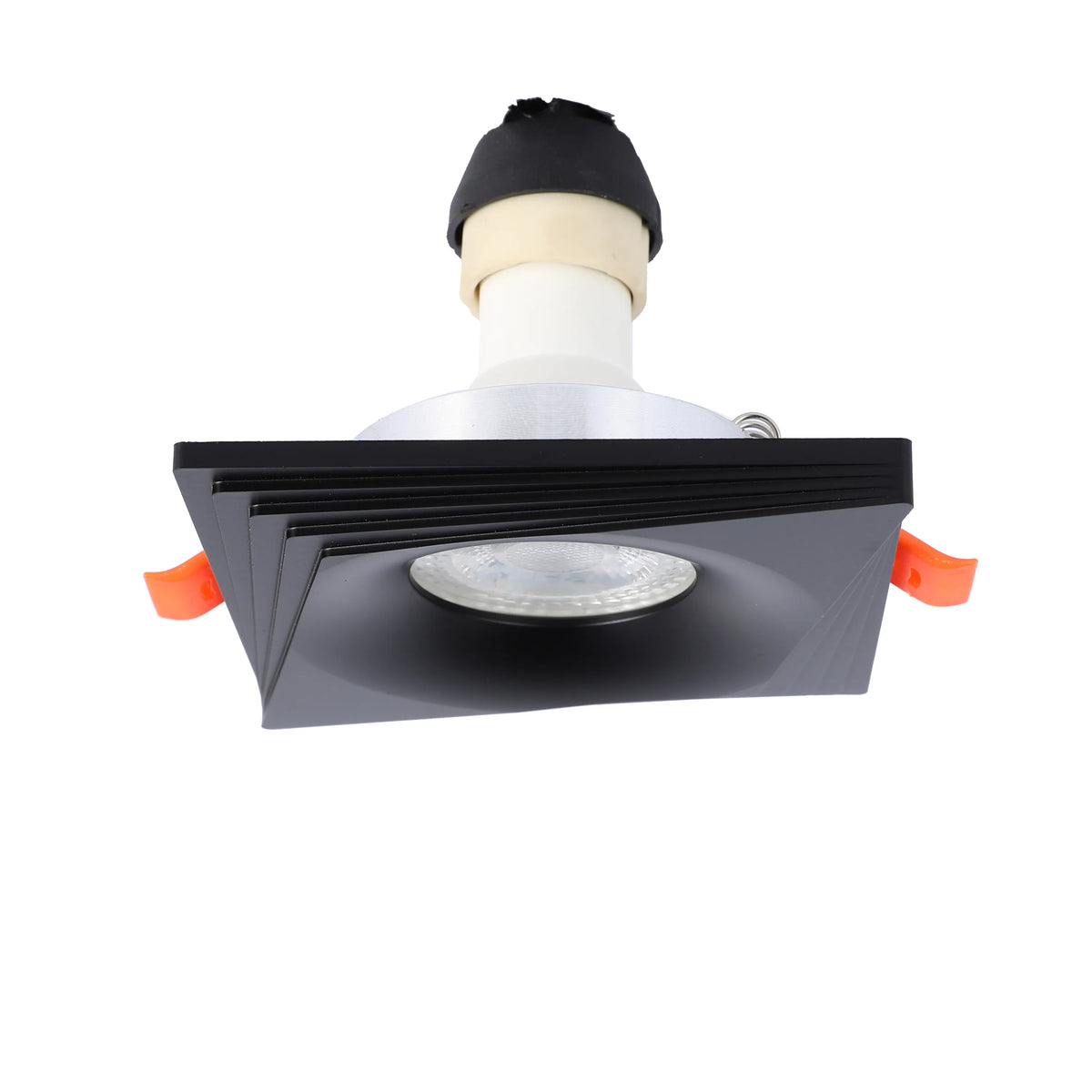 Square LED downlight with a black finish and orange brackets, perfect for modern interiors and energy-efficient lighting solutions.