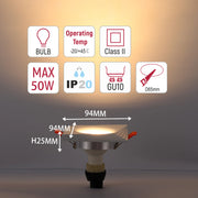 Square LED downlight with key dimensions & technical information icons showing bulb type, wattage, operating temp, IP rating & size.