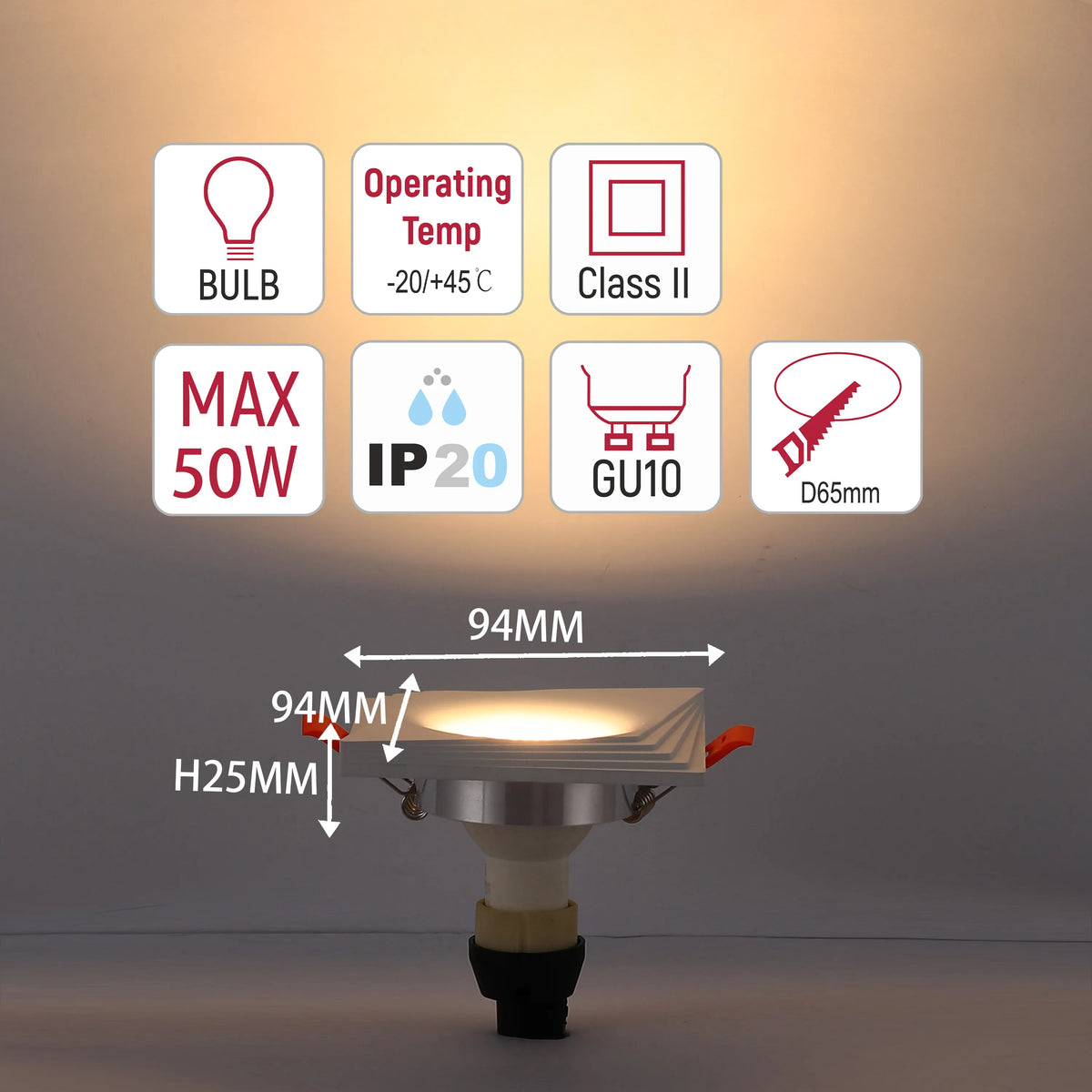 Square LED downlight with key dimensions & technical information icons showing bulb type, wattage, operating temp, IP rating & size.