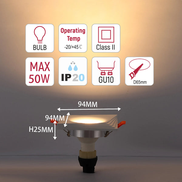 Square LED downlight with key dimensions & technical information icons showing bulb type, wattage, operating temp, IP rating & size.