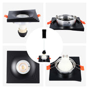 Square black downlight with a GU10 fitting, showcasing different installation stages. Sleek and modern lighting fixture.