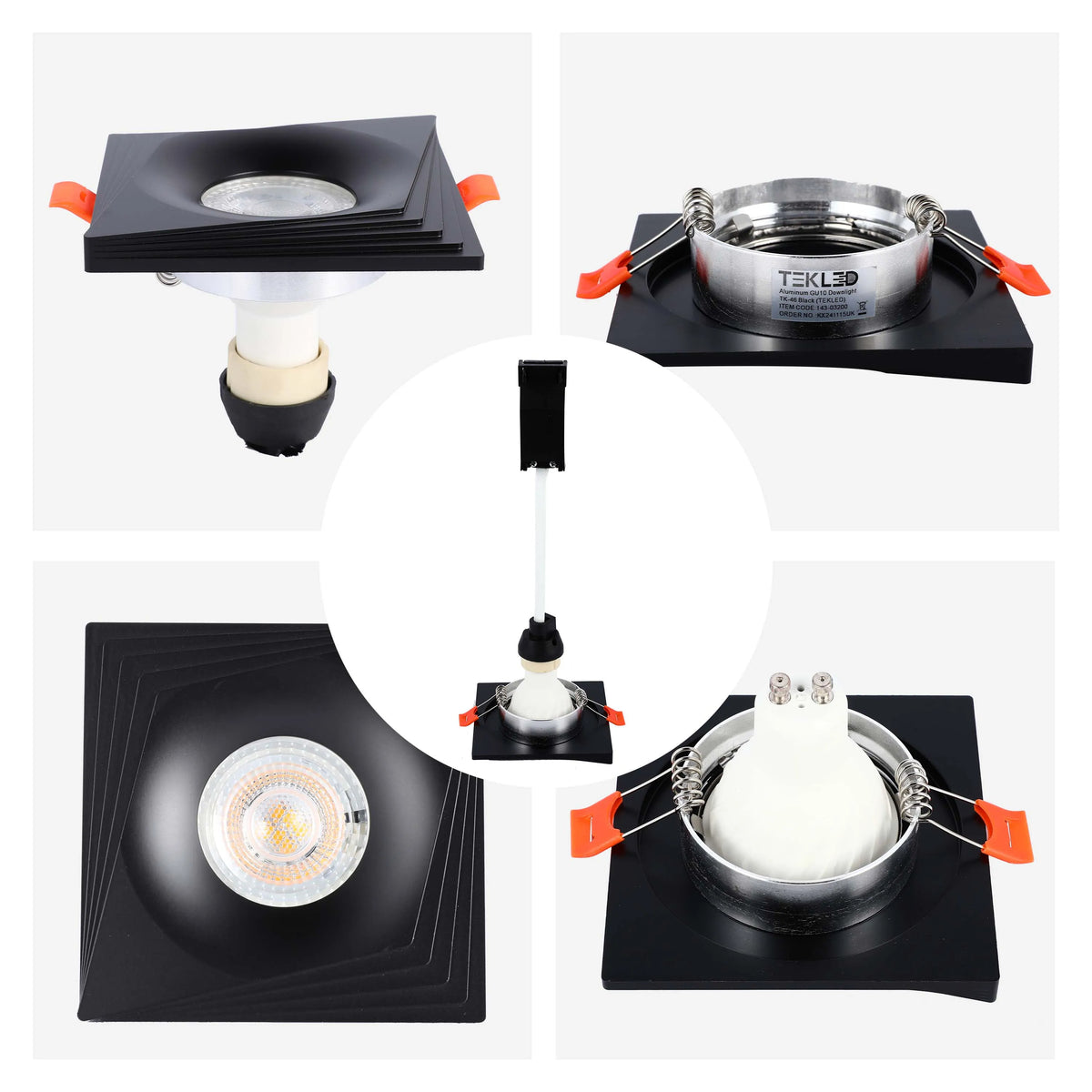 Square black downlight with a GU10 fitting, showcasing different installation stages. Sleek and modern lighting fixture.
