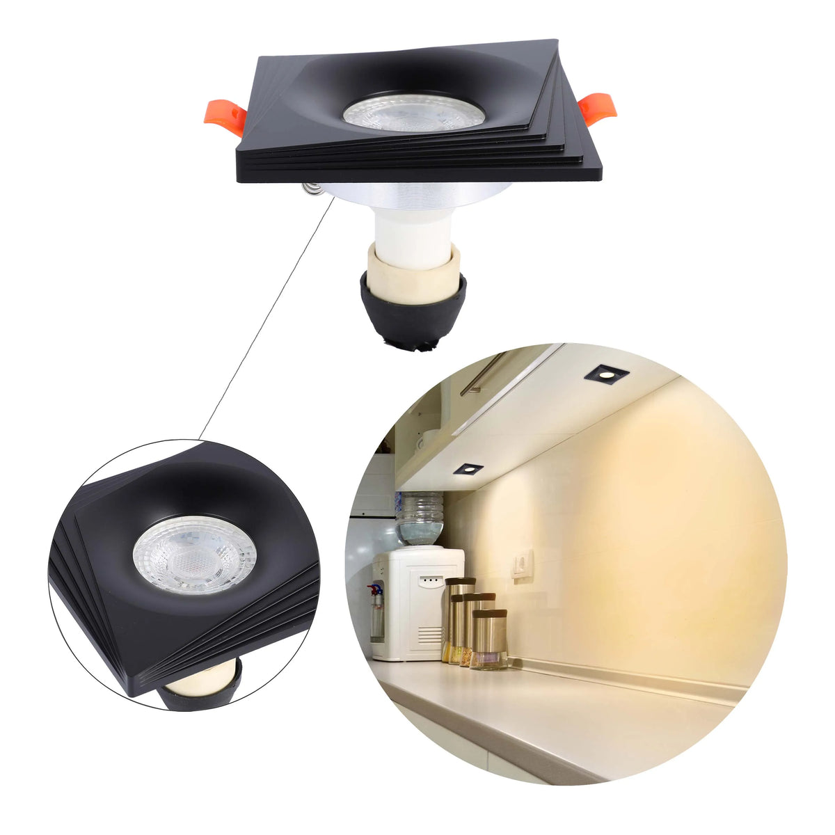 A modern square LED downlight, in black, is showcased alongside in-situ kitchen downlighting for context.