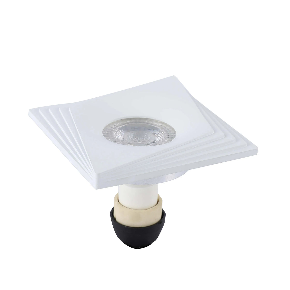 A unique square recessed light with a layered design and a bright central bulb, suitable for modern interiors.