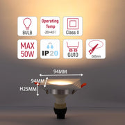 An LED downlight showing a warm light, with dimensions of 94mm x 94mm and a height of 25mm. It accepts GU10 bulbs up to 50W.