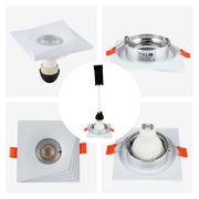 Square, white, recessed downlights with orange spring clips, in various views. Modern spotlights for any home.