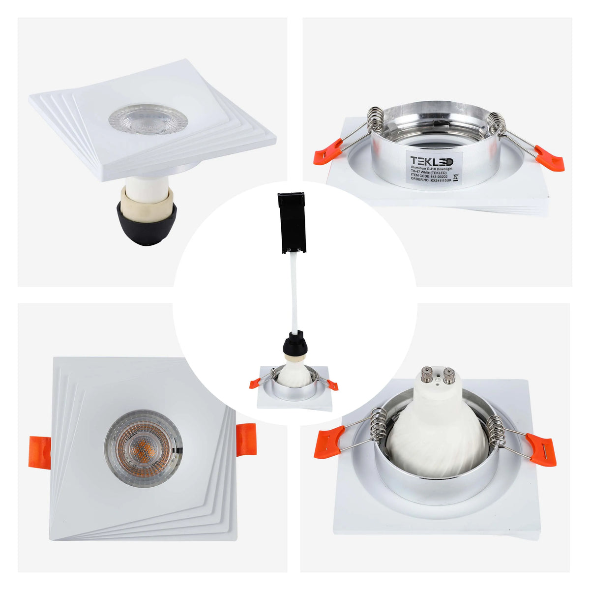 Square, white, recessed downlights with orange spring clips, in various views. Modern spotlights for any home.