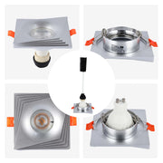 A recessed spotlight with a square silver mount, showing bulb options and installation mechanism, for modern interior lighting.