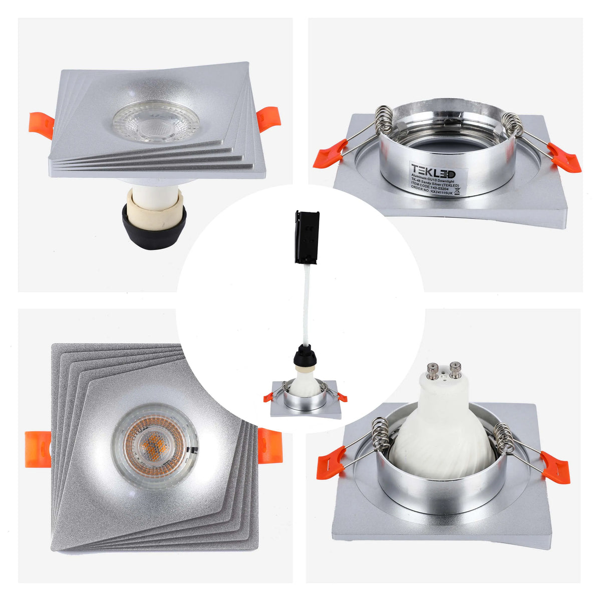 A recessed spotlight with a square silver mount, showing bulb options and installation mechanism, for modern interior lighting.