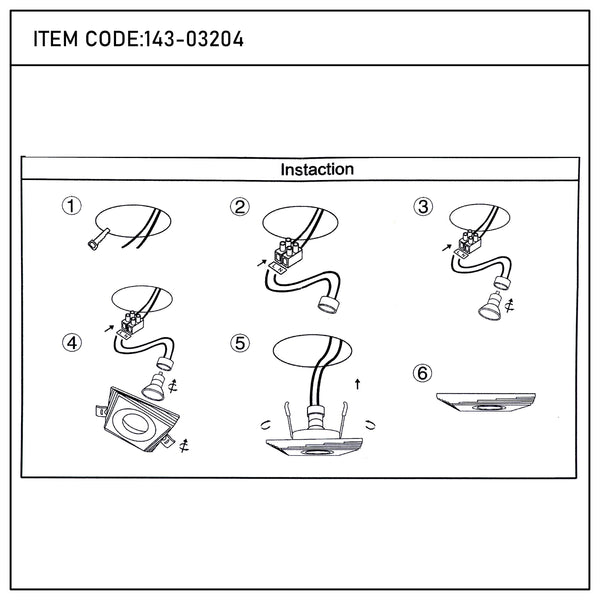 A ceiling light installation guide, showing each step to safely fit a modern downlight into a ceiling.