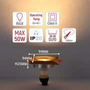 Recessed spotlight with technical specs: 50W, IP20, GU10, D65mm cut-out, 94mm face. Ideal for creating focused illumination.