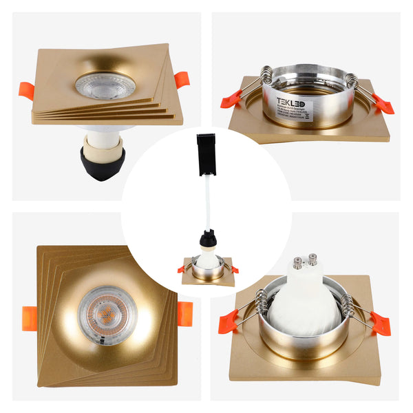 A stylish, sandy gold, aluminium downlight. The square fixture features an adjustable lamp fitting for GU10 bulbs.