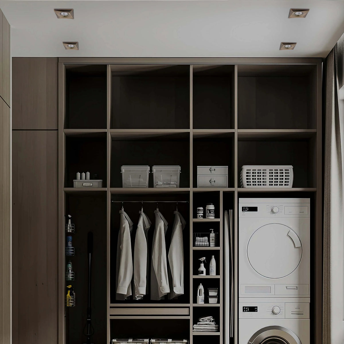 Square recessed ceiling lights provide a modern and functional lighting solution for a laundry and storage space.