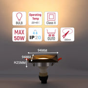 A recessed downlight is displayed showing dimensions and technical specifications.