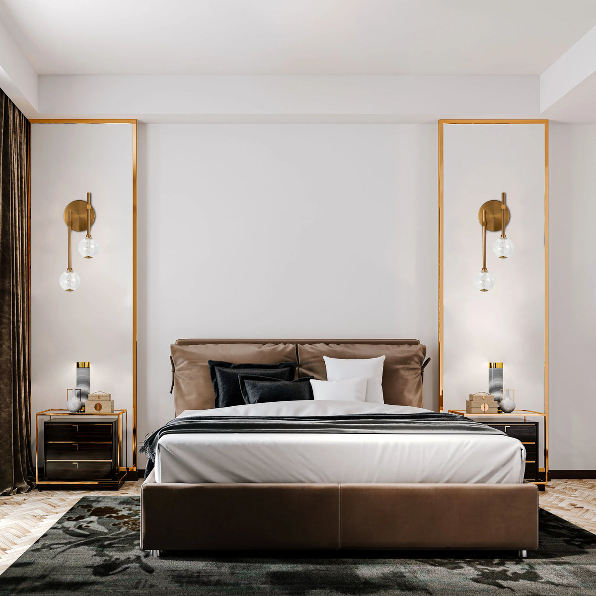 Contemporary bedroom lighting: wall sconces with globe shades flank a lux brown leather bed and minimalist side tables.