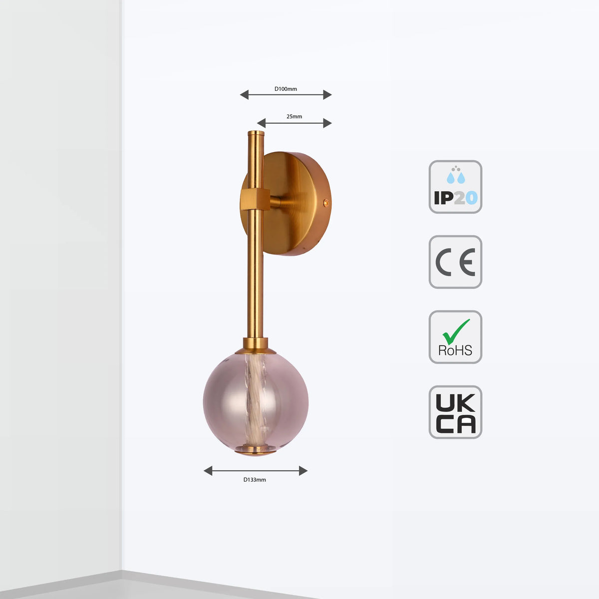Stylish wall light with a gold finish and a decorative pink glass globe. IP20, CE, RoHS and UKCA approved.