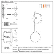 Technical diagram showing how to install the displayed wall-mounted globe light. Model number is 151-20050.