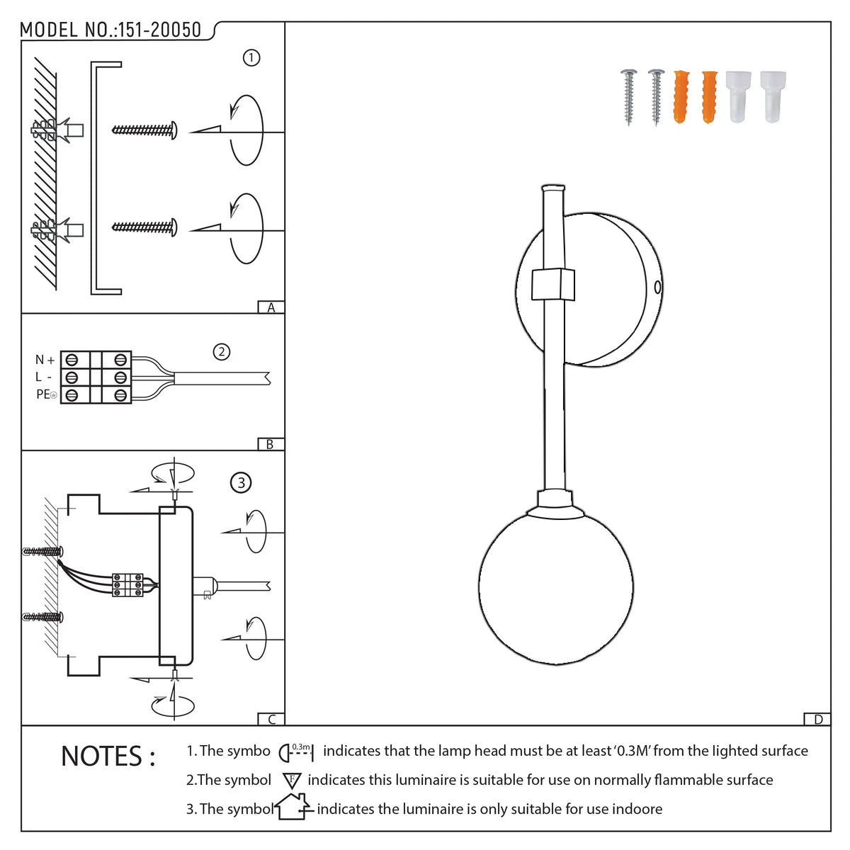 Technical diagram showing how to install the displayed wall-mounted globe light. Model number is 151-20050.