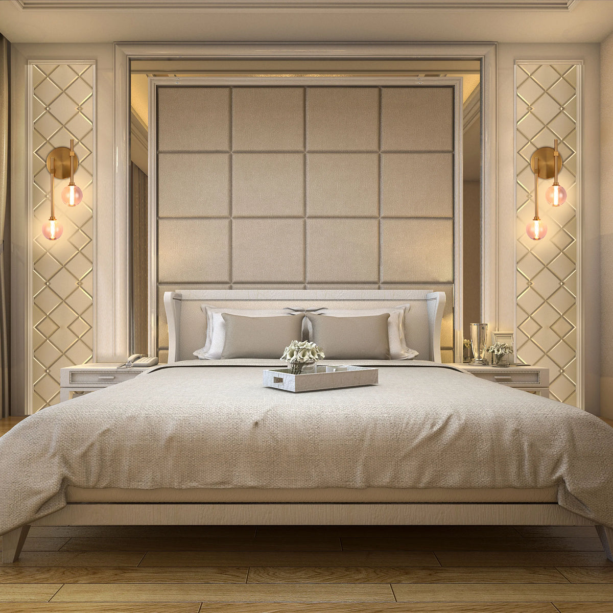 Symmetrical bedroom lighting with decorative wall sconces and soft, ambient light highlighting the neutral tones of the bedroom.