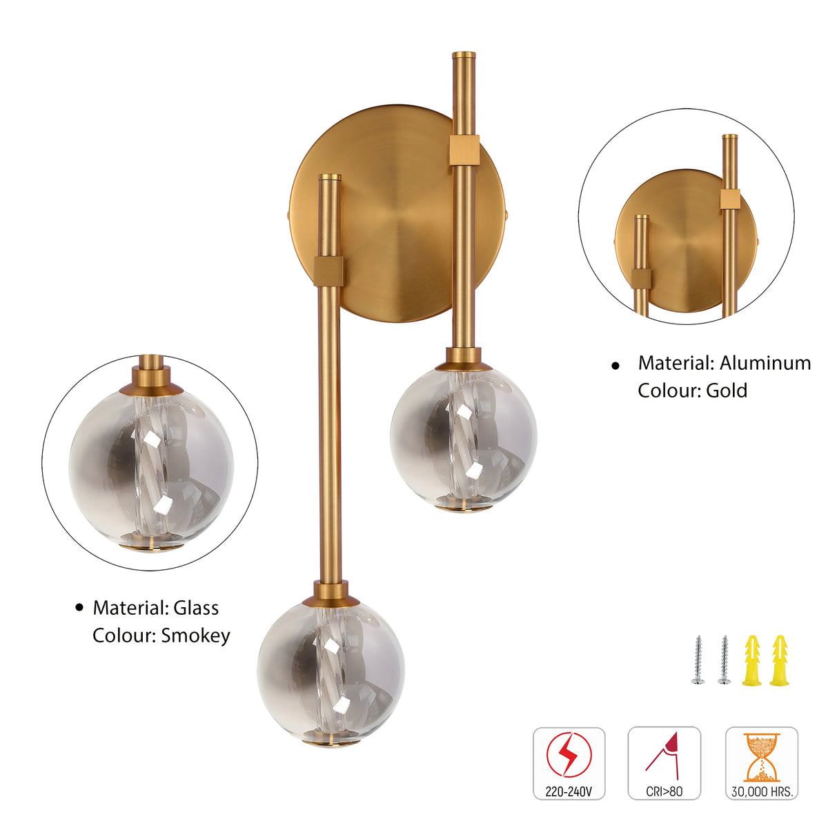 Gold wall light with two smokey glass spherical lamps. Modern, stylish design for ambient lighting in the home.