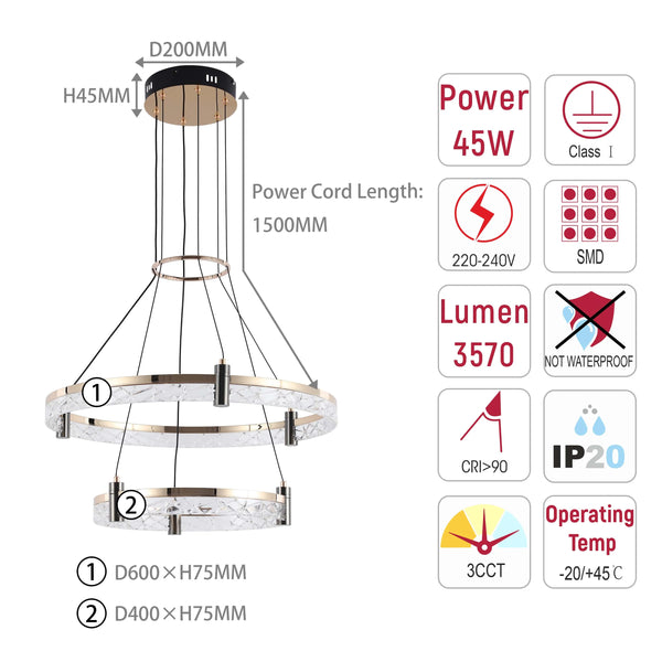 Modern two-tiered chandelier featuring LED crystal rings. Provides 3570 lumens, 45W power, and colour temperature adjustment.