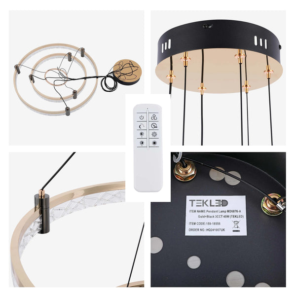 A modern gold and black LED pendant lamp with a remote control, showcasing a circular design and adjustable settings.