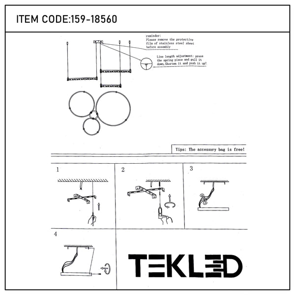 A ceiling light with a square frame and suspended metal rings, with assembly instructions.
