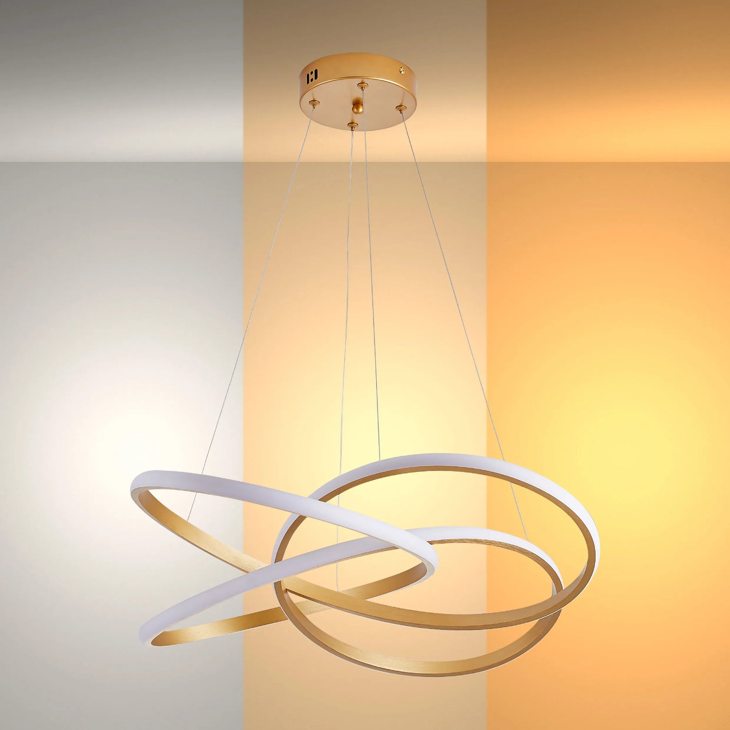 Modern LED chandelier with interlocking gold and white rings, suspended from a gold ceiling mount.