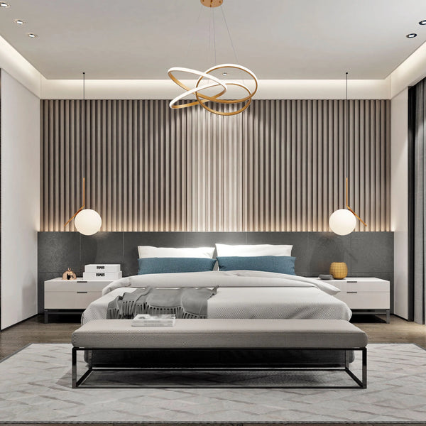 Bedroom lighting features modern chandelier, globe bedside lamps, and recessed ceiling lights, creating a stylish and well-lit space.