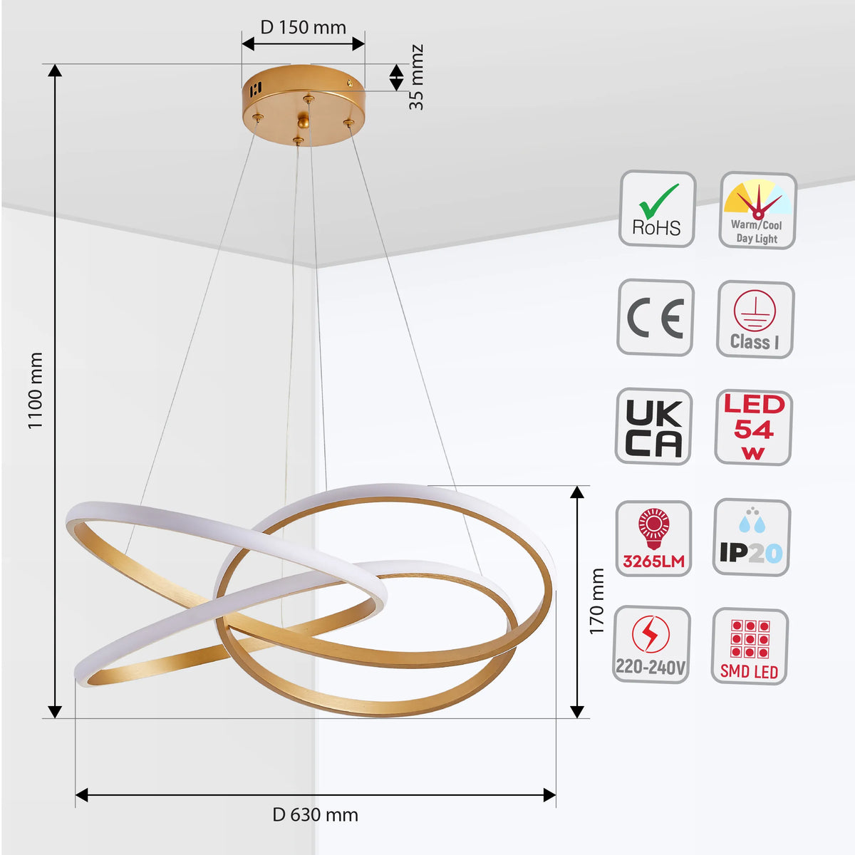 Contemporary LED ceiling light with intersecting gold and white rings. Dimensions are shown with descriptive text.