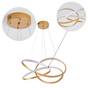 Modern gold and white LED pendant light, featuring three intersecting rings. Contemporary lighting for any stylish home.