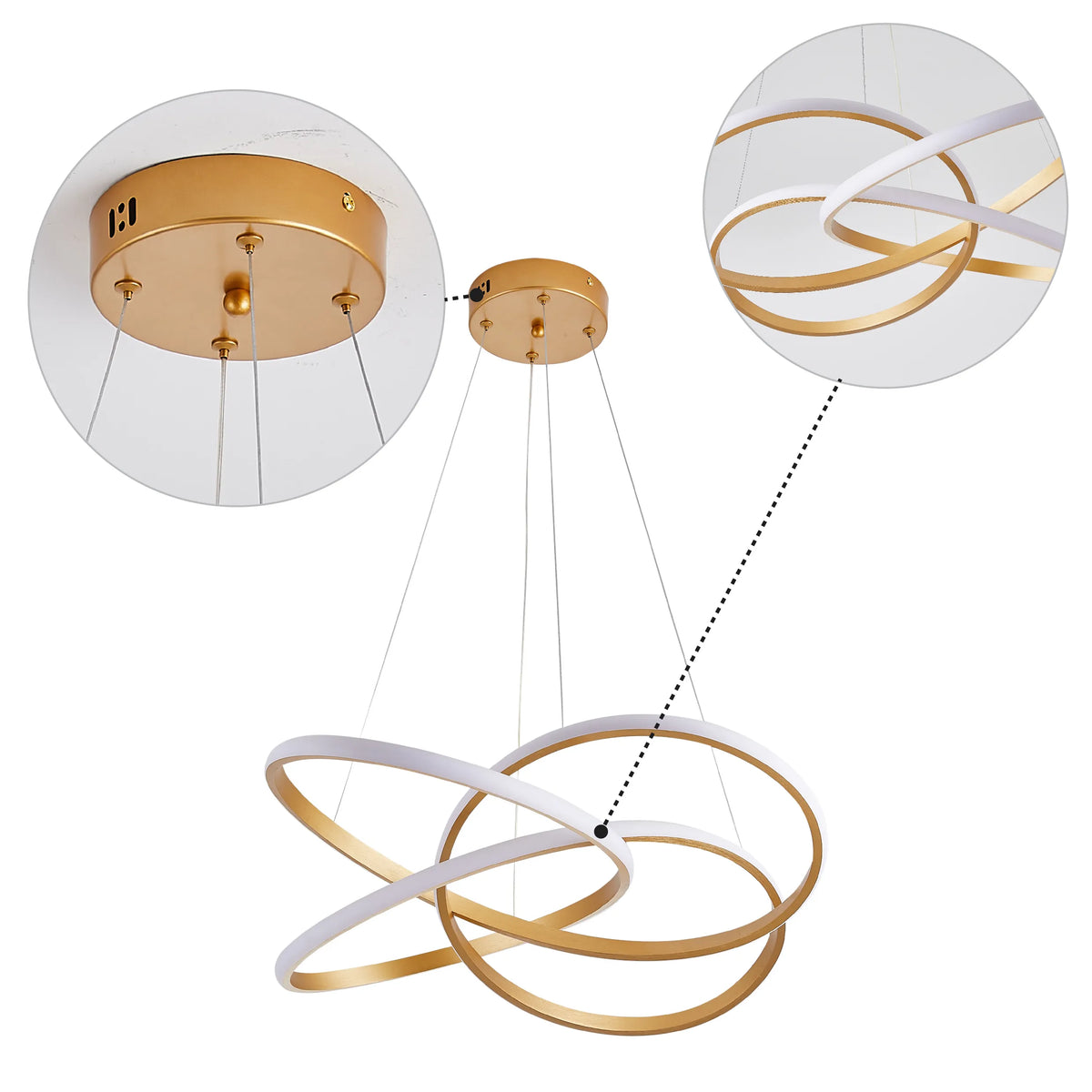 Modern gold and white LED pendant light, featuring three intersecting rings. Contemporary lighting for any stylish home.