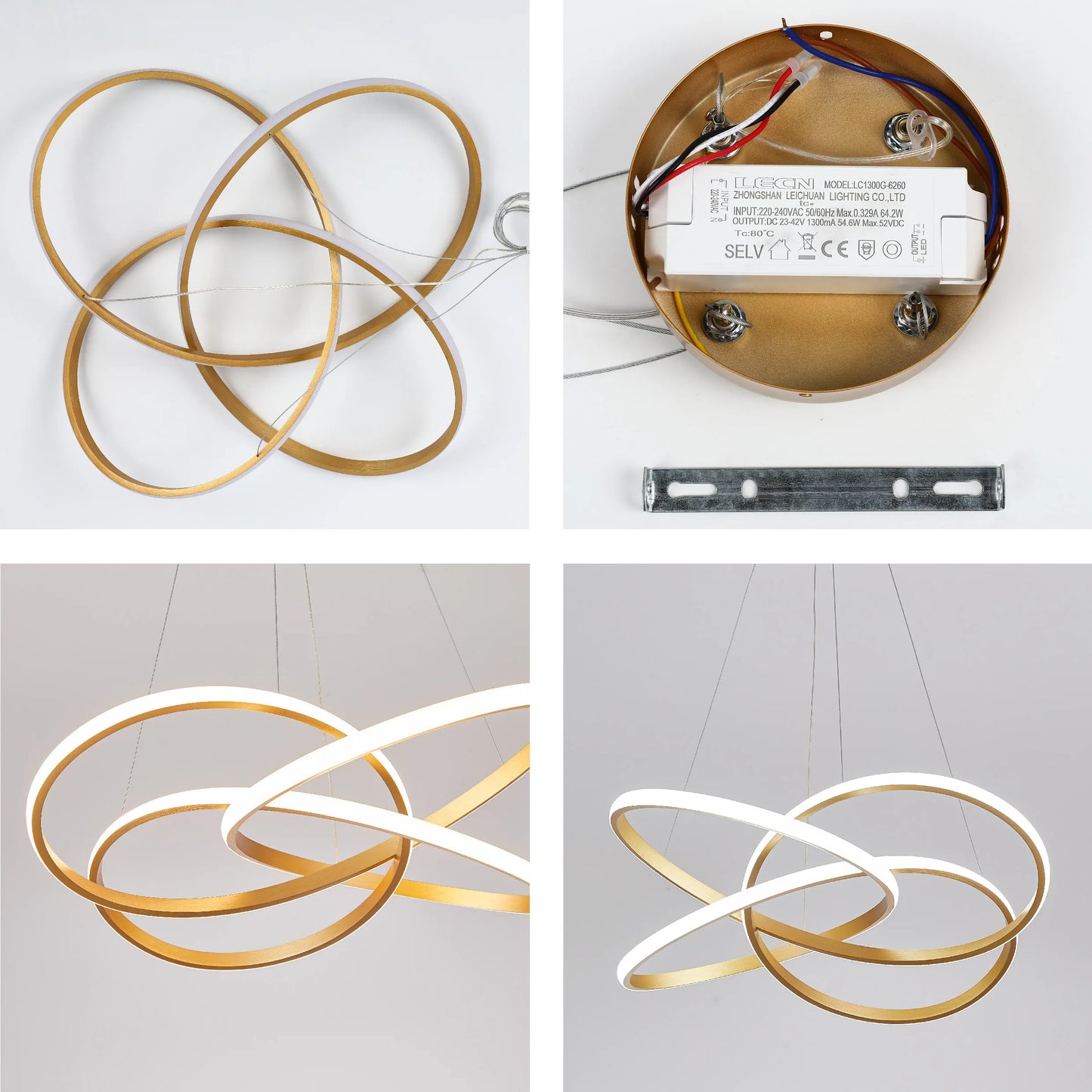 A modern LED ceiling light. The light features intertwined gold rings with integrated, bright white LEDs.