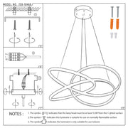 A stylish, modern LED pendant light with interlinked illuminated rings, suspended from a central ceiling mount. Fixings and wiring diagrams are also shown.